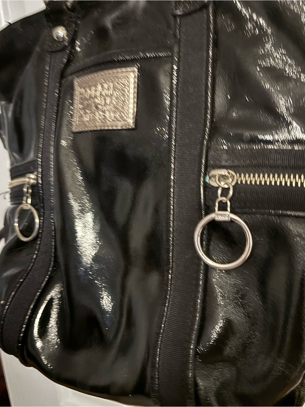 Coach Poppy Black Patent Shoulder / Overnight Tote Bag with Silver Hardware - Picture 12 of 13